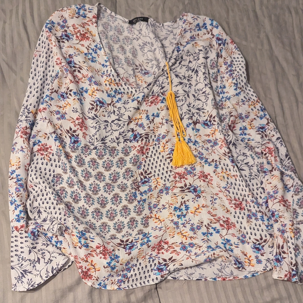 Blue and Orange Asymmetrical Long Sleeve Blouse